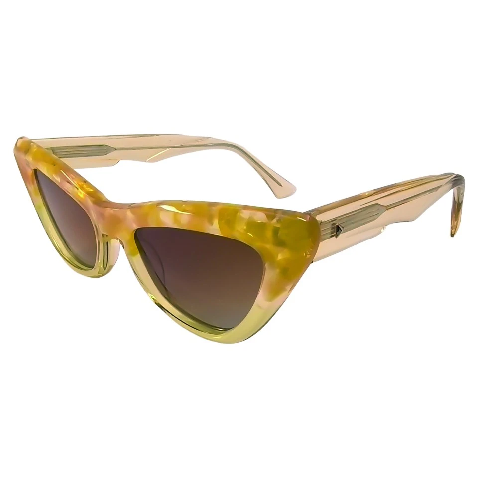 45-degree angled shot of thick amber acetate cat eye sunglasses frame 45-degree angled shot of thick amber acetate cat eye sunglasses frame